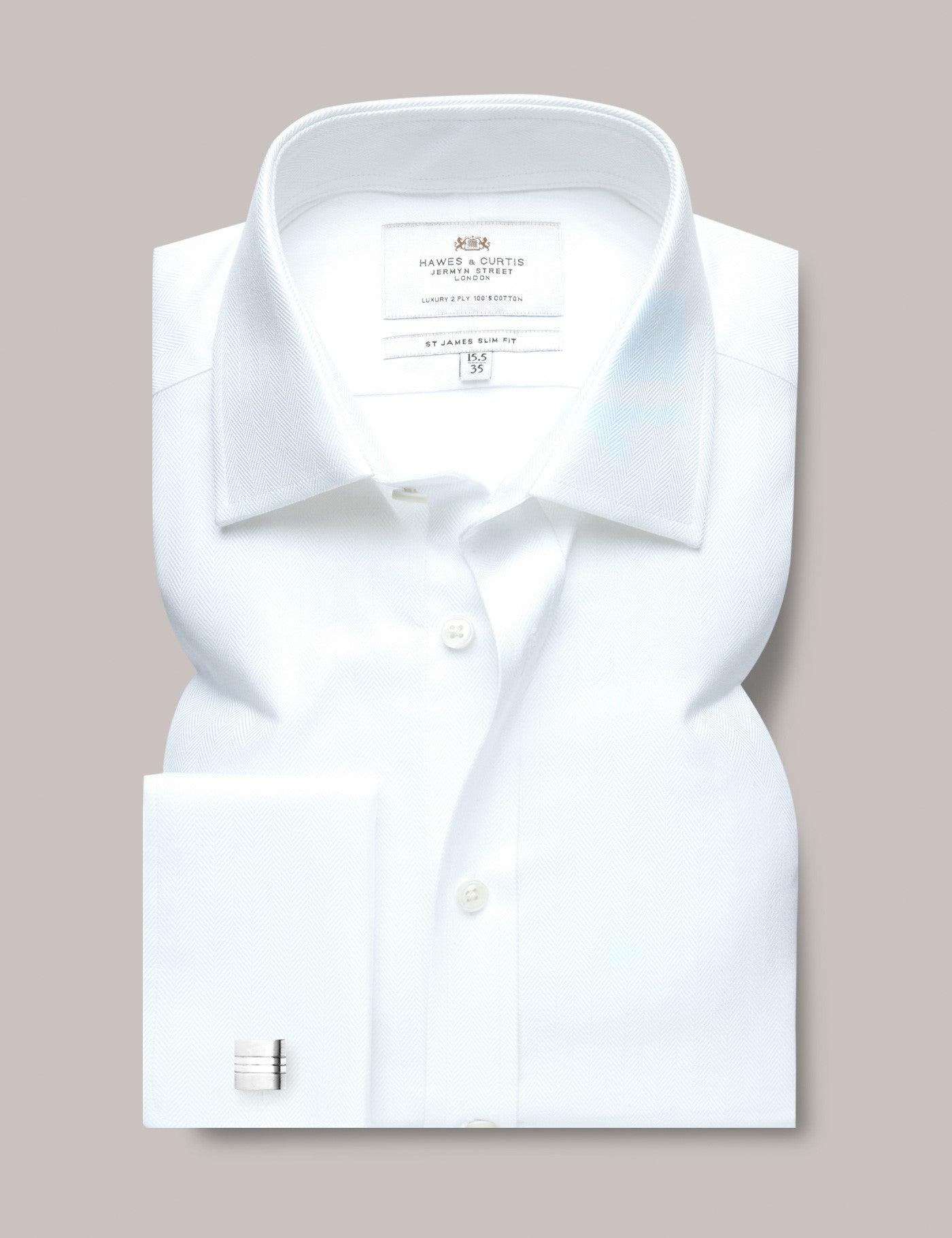 White Herringbone Slim Shirt - Double Cuff