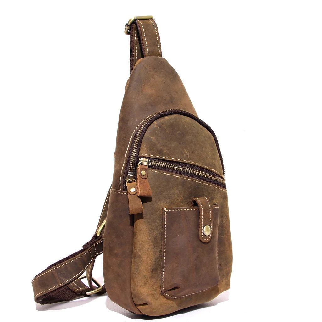 Top Grain Leather Travel Hiking Single Strap Shoulder Backpack Sling Bag