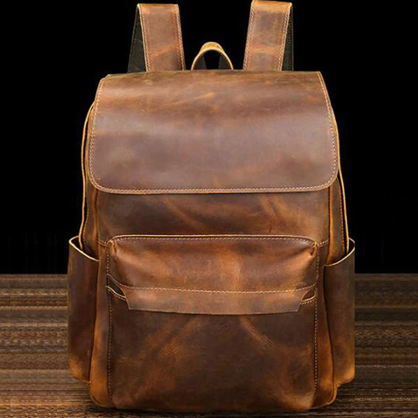 Crazy Horse Leather Men Backpack Men Full Grain Leather School Backpack Retro Travel Backpack