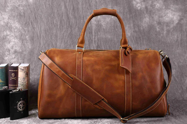 Vintage Crazy Horse Leather Duffle Bag with Shoes Compartment, Leather Travel Bag, Weekender Bag