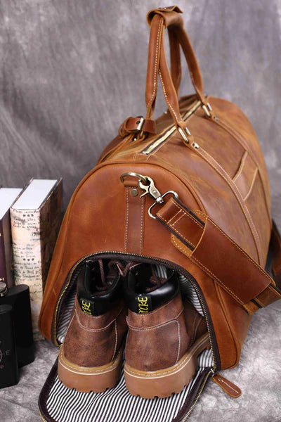 Vintage Crazy Horse Leather Duffle Bag with Shoes Compartment, Leather Travel Bag, Weekender Bag