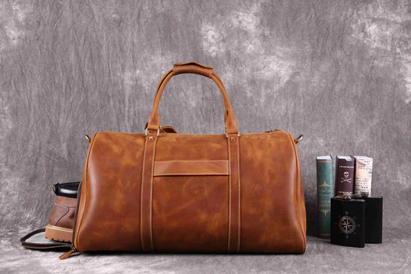 Vintage Crazy Horse Leather Duffle Bag with Shoes Compartment, Leather Travel Bag, Weekender Bag