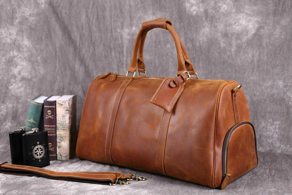 Vintage Crazy Horse Leather Duffle Bag with Shoes Compartment, Leather Travel Bag, Weekender Bag