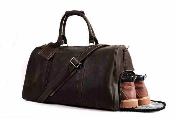 Vintage Crazy Horse Leather Duffle Bag with Shoes Compartment, Leather Travel Bag, Weekender Bag