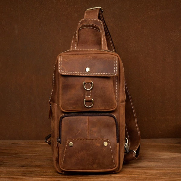 Men Retro Chest Bag Full Grain Leather Chest Pack Casual Messenger Bag